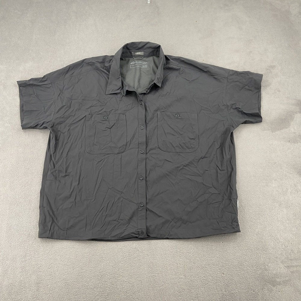 Eddie Bauer Womens XL Gray Short Sleeve Button Down Hiking Shirt Vented Back